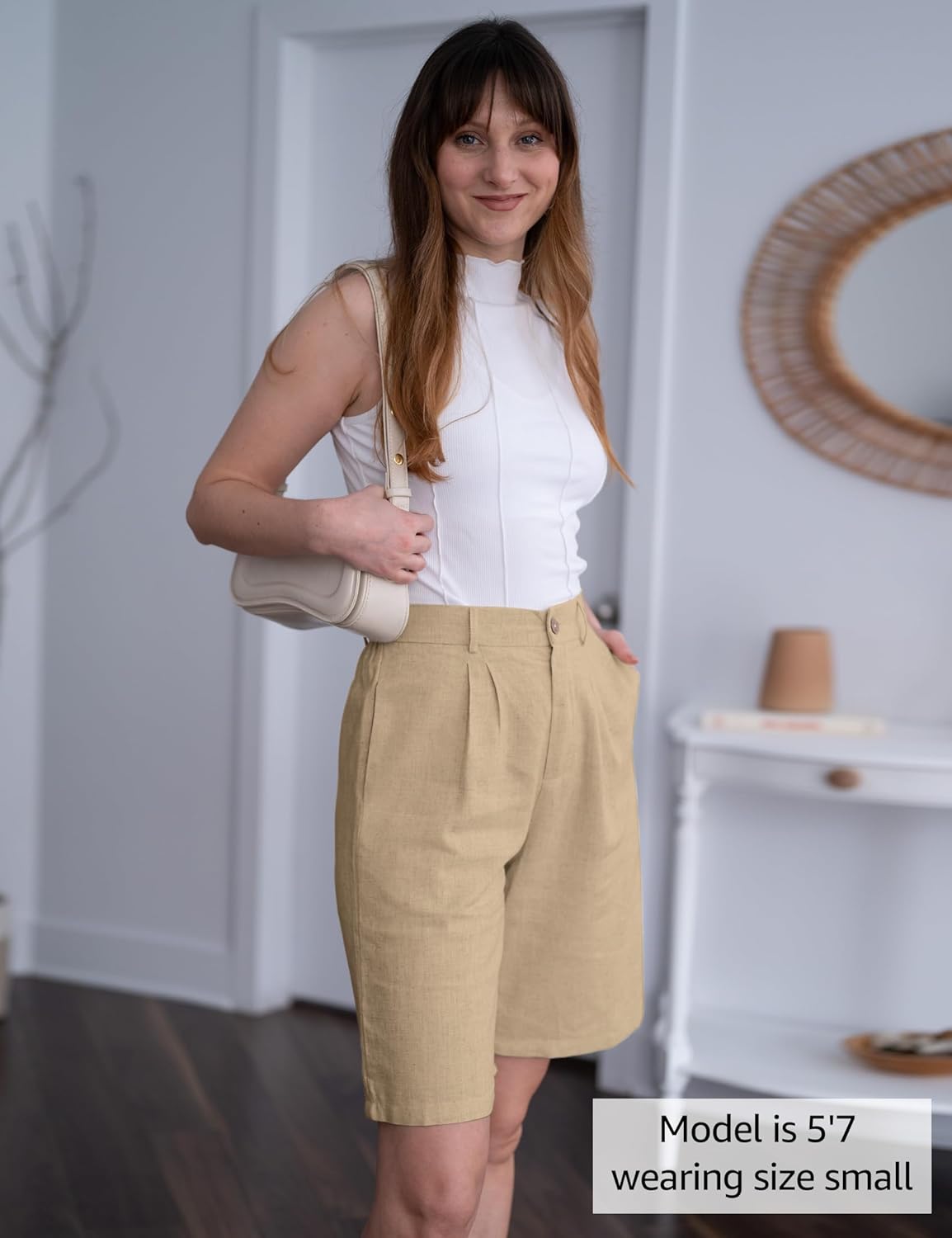 luvamia Bermuda Shorts for Women High Waisted Linen Dressy Casual Pleated Wide Leg Summer Shorts with Elastic WaistKhaki