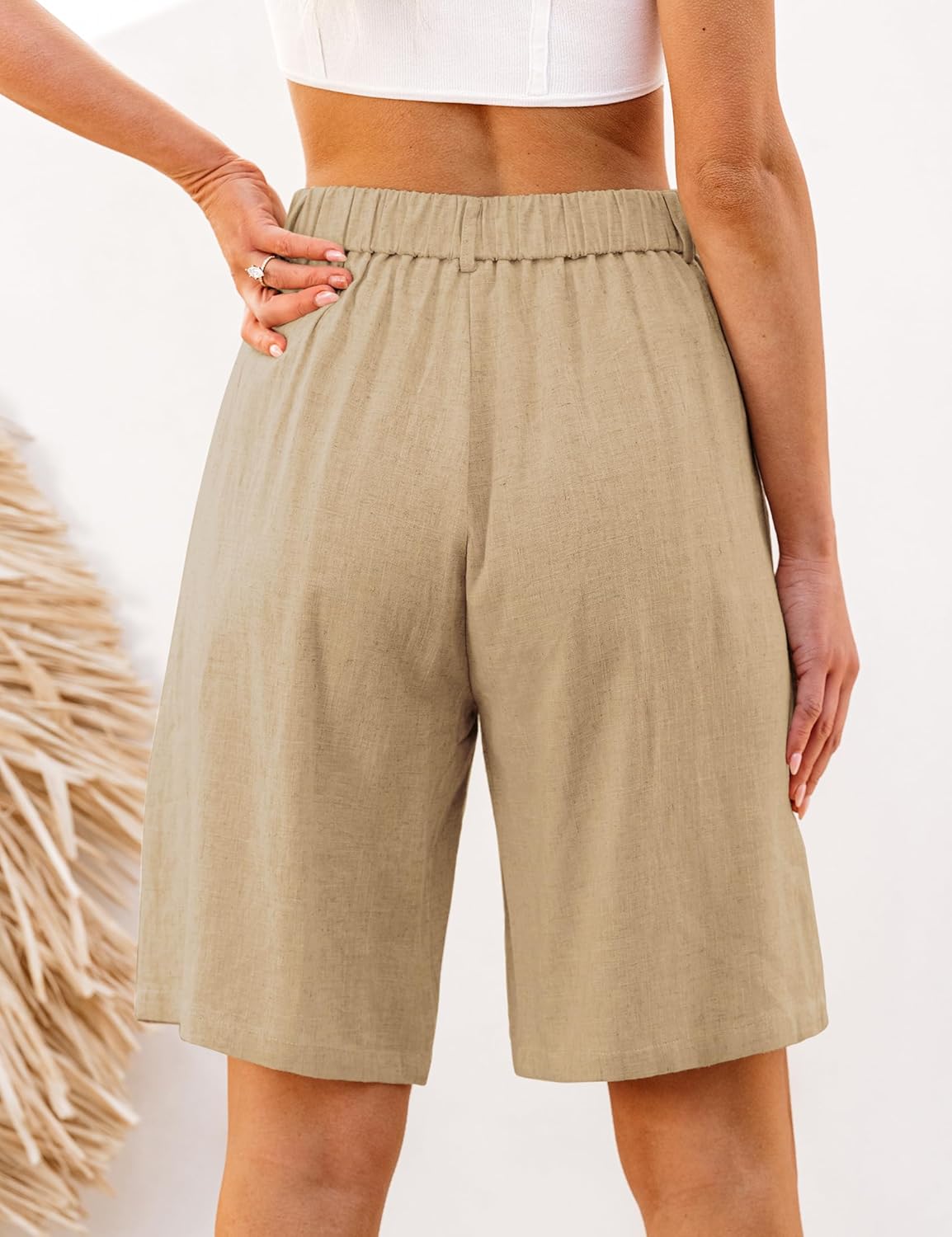 luvamia Bermuda Shorts for Women High Waisted Linen Dressy Casual Pleated Wide Leg Summer Shorts with Elastic WaistKhaki