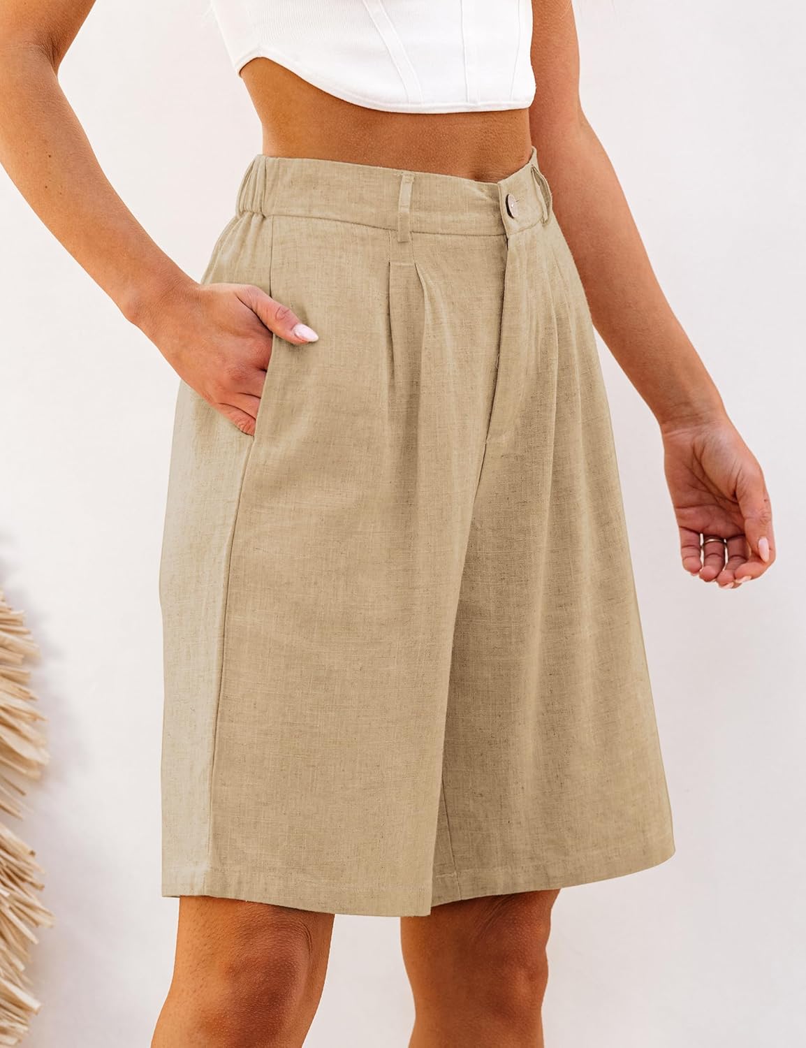 luvamia Bermuda Shorts for Women High Waisted Linen Dressy Casual Pleated Wide Leg Summer Shorts with Elastic WaistKhaki