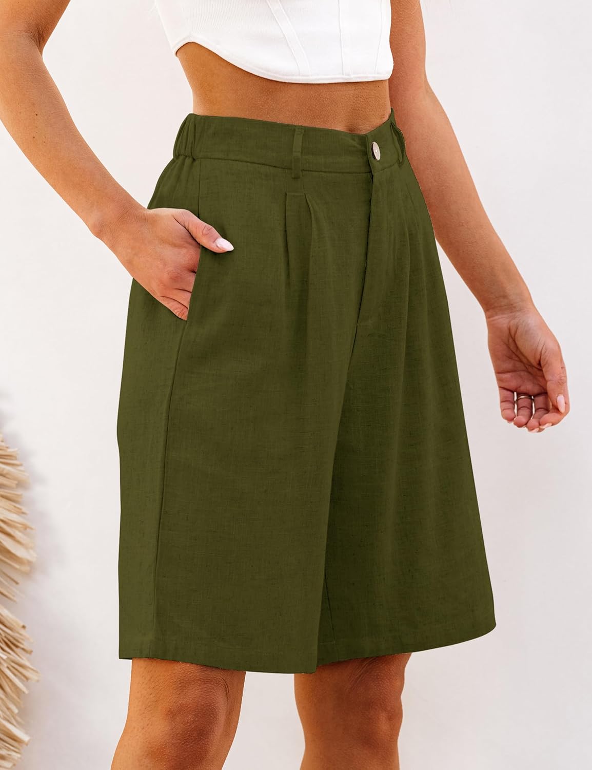 luvamia Bermuda Shorts for Women High Waisted Linen Dressy Casual Pleated Wide Leg Summer Shorts with Elastic WaistOlive Green