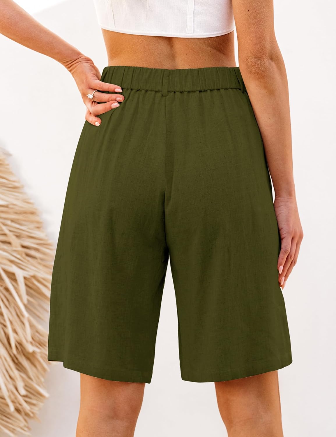 luvamia Bermuda Shorts for Women High Waisted Linen Dressy Casual Pleated Wide Leg Summer Shorts with Elastic WaistOlive Green