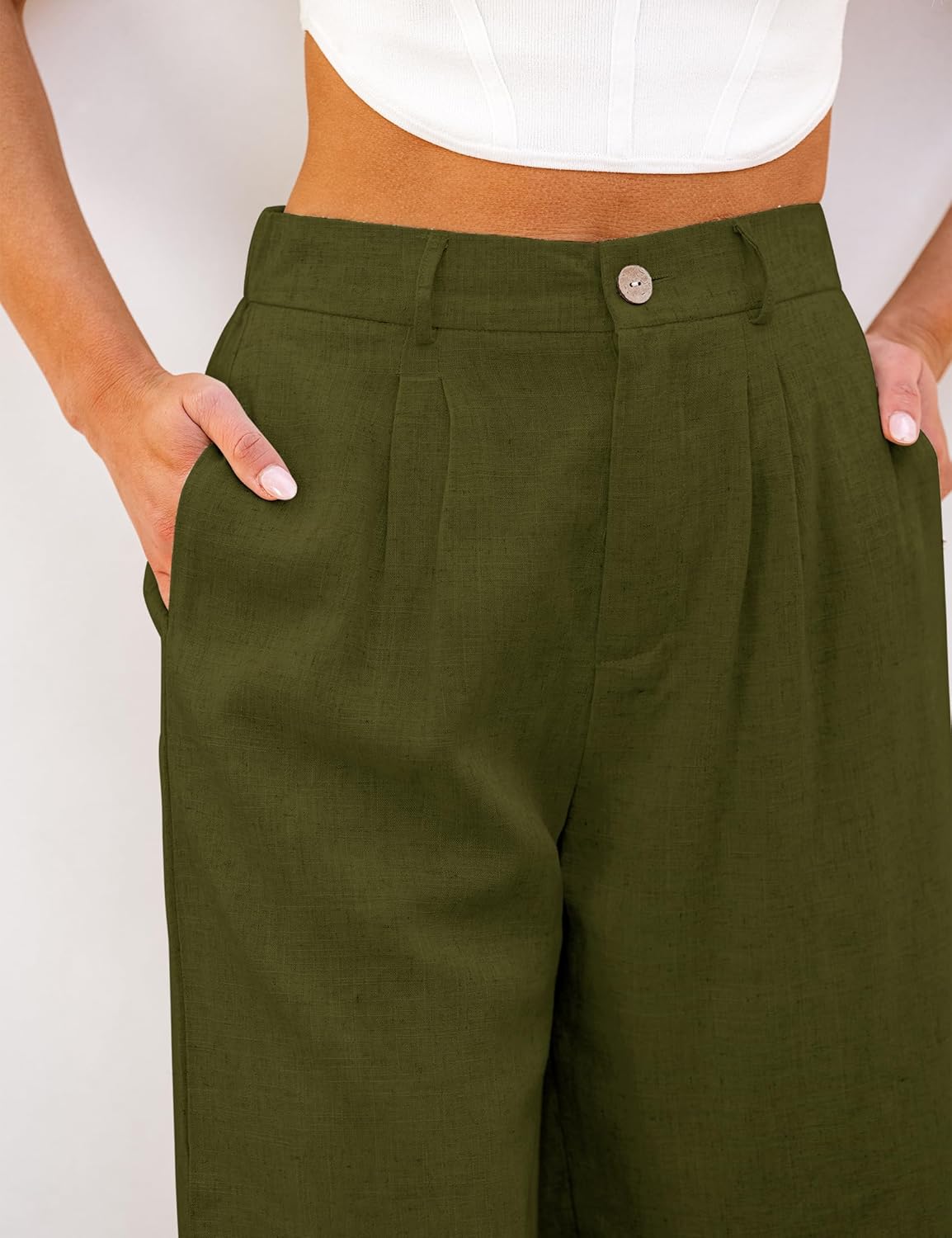 luvamia Bermuda Shorts for Women High Waisted Linen Dressy Casual Pleated Wide Leg Summer Shorts with Elastic WaistOlive Green