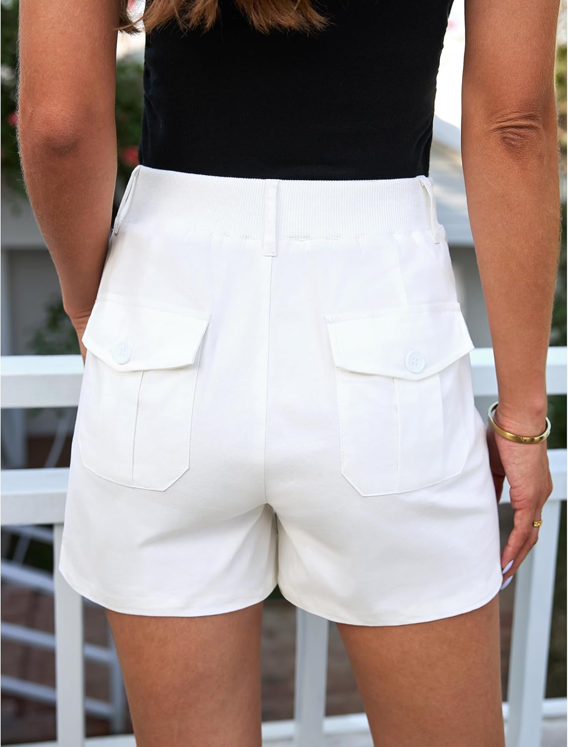 luvamia Cargo Shorts for Women Casual Summer High Waisted Chino Shorts Ribbed Elastic Waist Utility Pockets Comfy ShortsCream White