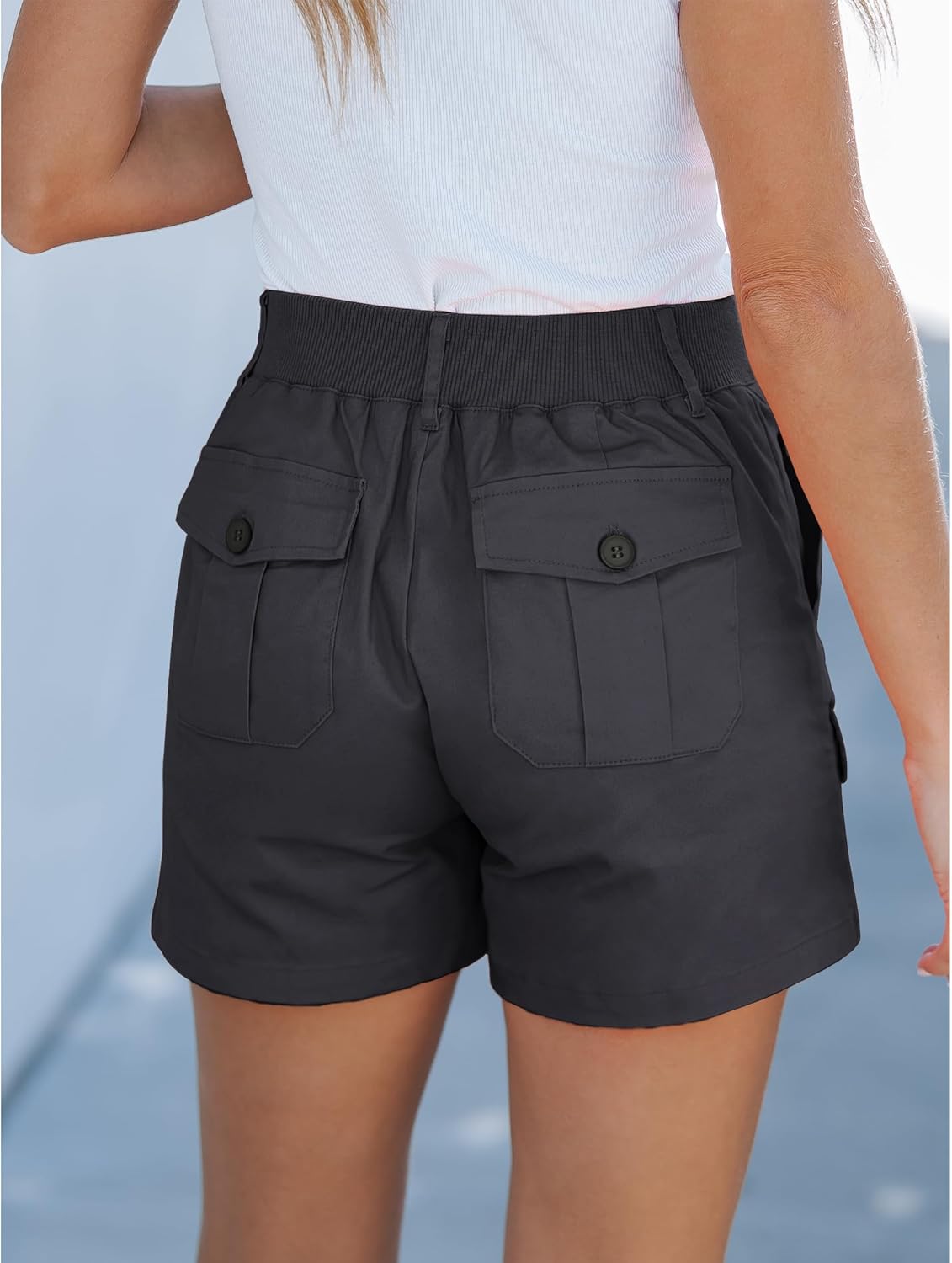 luvamia Cargo Shorts for Women Casual Summer High Waisted Chino Shorts Ribbed Elastic Waist Utility Pockets Comfy ShortsGray