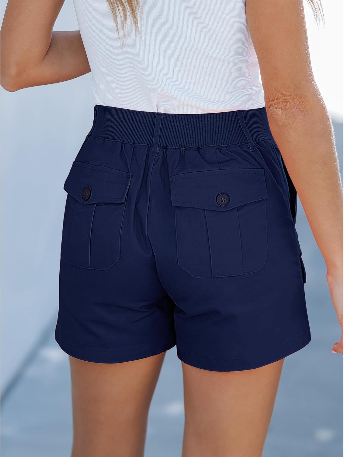 luvamia Cargo Shorts for Women Casual Summer High Waisted Chino Shorts Ribbed Elastic Waist Utility Pockets Comfy ShortsNavy Blue