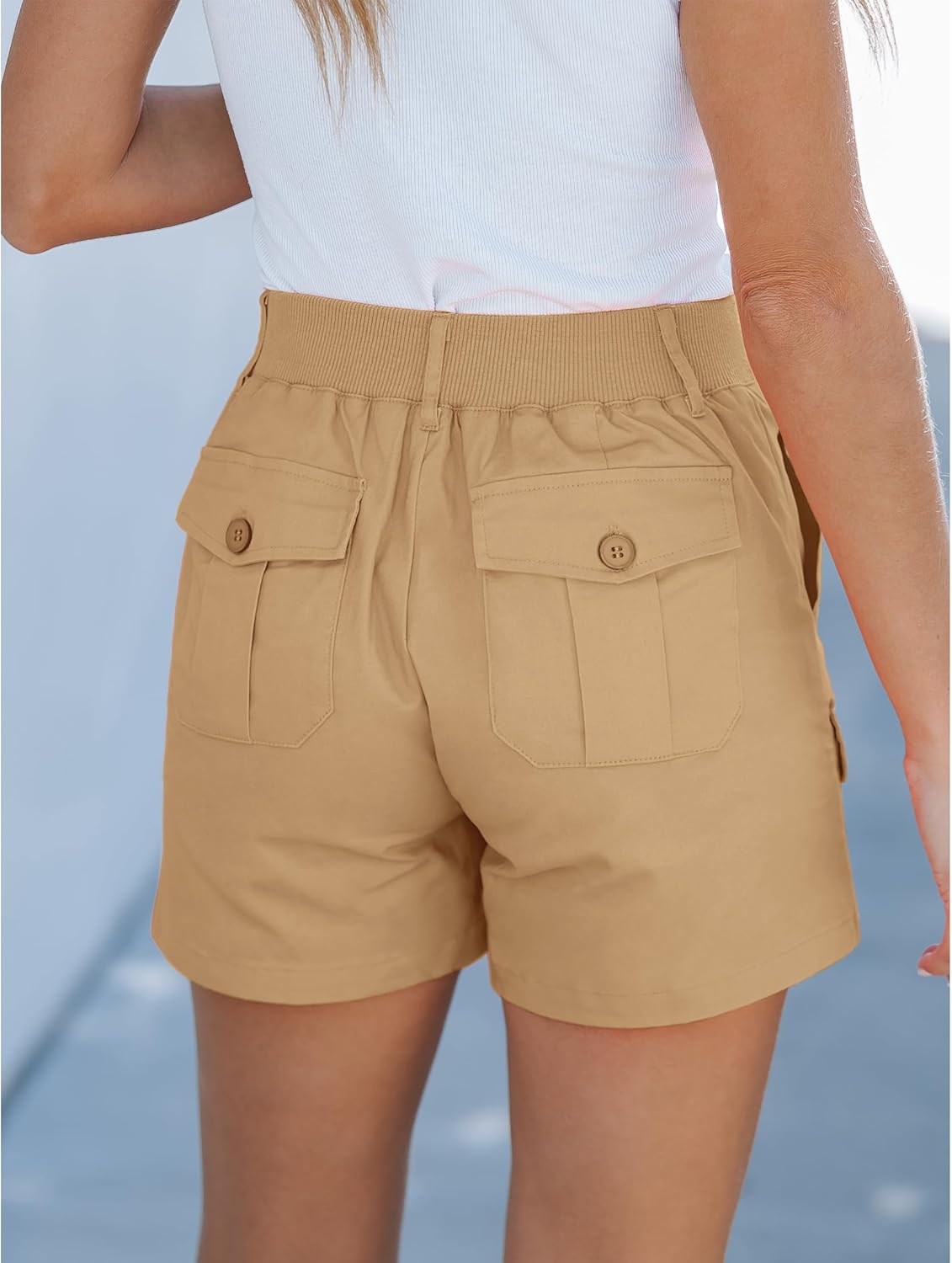 luvamia Cargo Shorts for Women Casual Summer High Waisted Chino Shorts Ribbed Elastic Waist Utility Pockets Comfy ShortsSand Khaki
