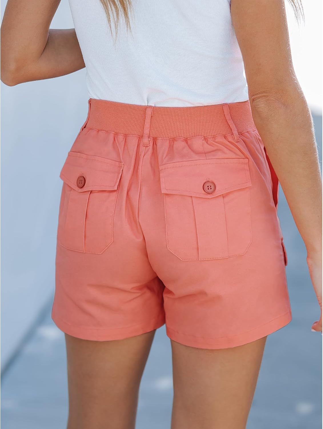 luvamia Cargo Shorts for Women Casual Summer High Waisted Chino Shorts Ribbed Elastic Waist Utility Pockets Comfy ShortsShell Pink