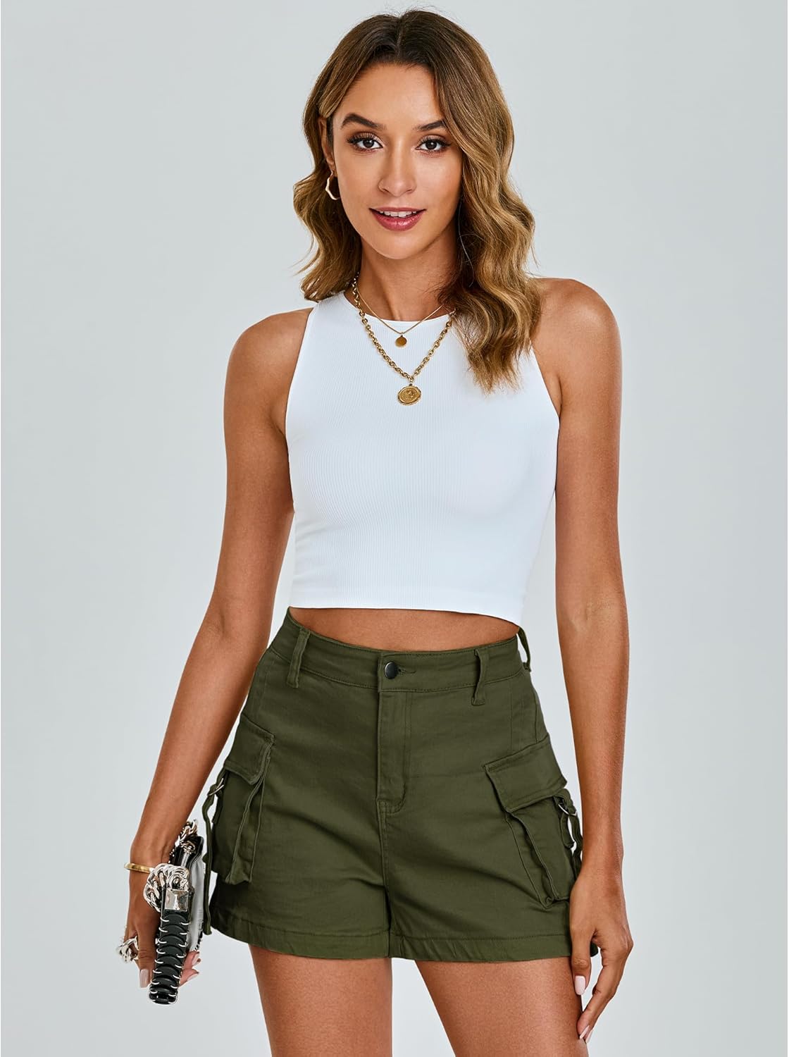 luvamia Cargo Shorts for Women Trendy High Wasited Casual Summer Stretchy Utility Cut Off Shorts with PocketsOlive Green