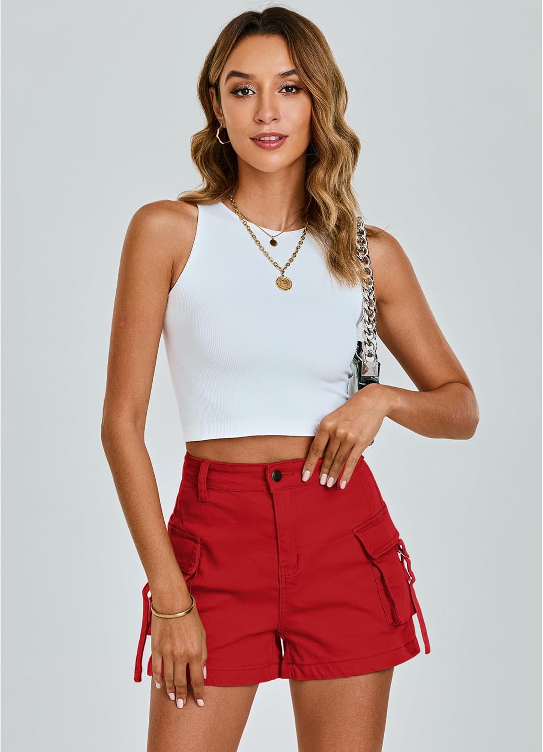 luvamia Cargo Shorts for Women Trendy High Wasited Casual Summer Stretchy Utility Cut Off Shorts with PocketsTrue Red