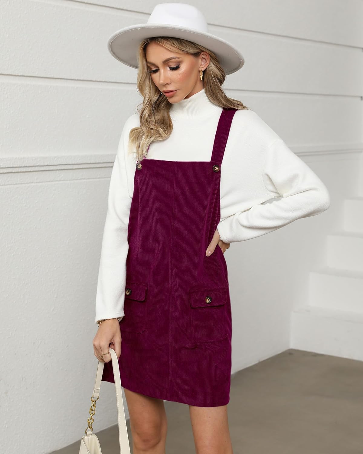 luvamia Corduroy Overall Dress for Women Adjustable Straps Casual Fashion Overalls Pinafore Short Dresses with PocketsBurgundy