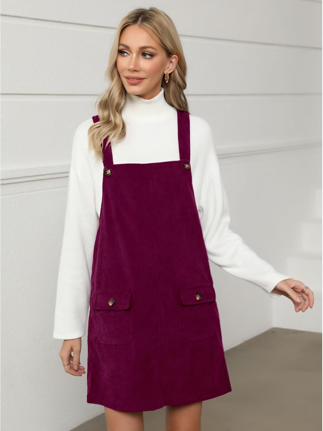 luvamia Corduroy Overall Dress for Women Adjustable Straps Casual Fashion Overalls Pinafore Short Dresses with PocketsBurgundy