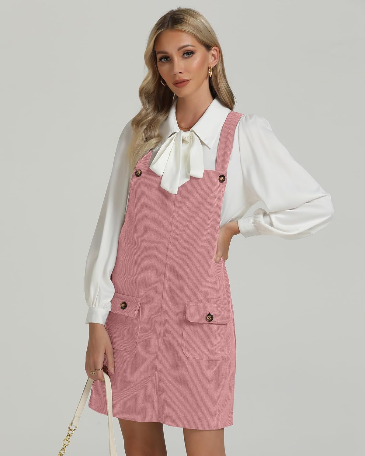 luvamia Corduroy Overall Dress for Women Adjustable Straps Casual Fashion Overalls Pinafore Short Dresses with PocketsPink Beige