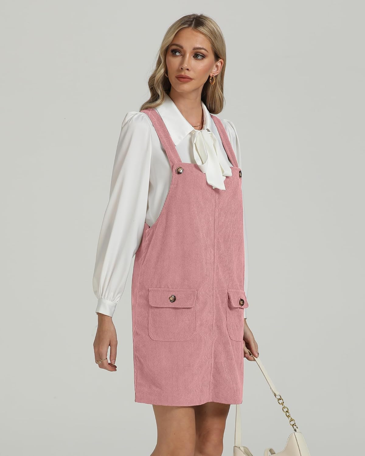luvamia Corduroy Overall Dress for Women Adjustable Straps Casual Fashion Overalls Pinafore Short Dresses with PocketsPink Beige