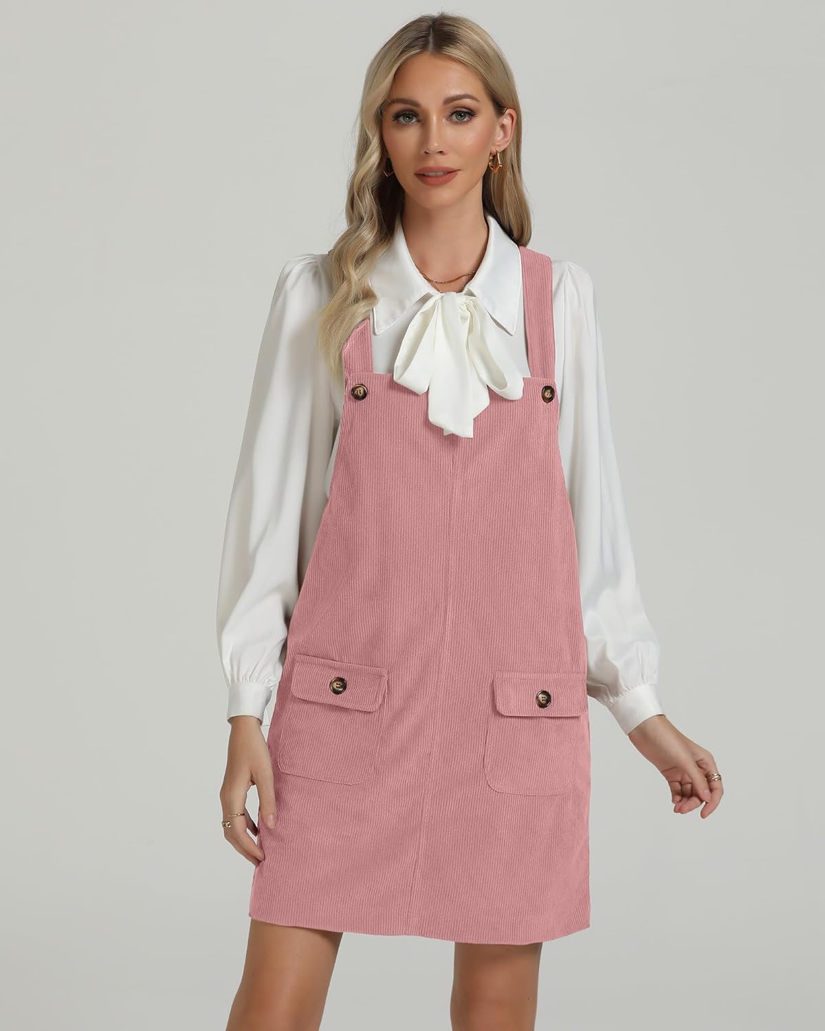 luvamia Corduroy Overall Dress for Women Adjustable Straps Casual Fashion Overalls Pinafore Short Dresses with PocketsPink Beige