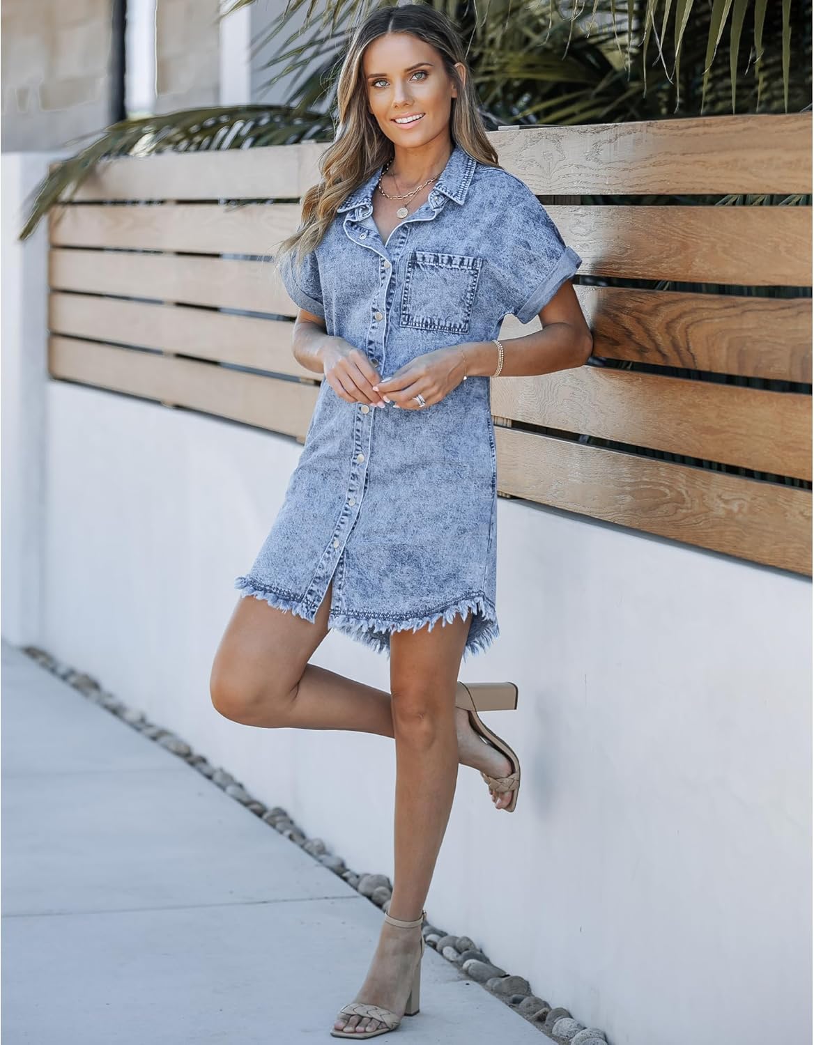 luvamia Denim Dress for Women Button Down Short Sleeves Casual Summer Jean Shirt Dresses with Pockets Frayed HemBay Blue
