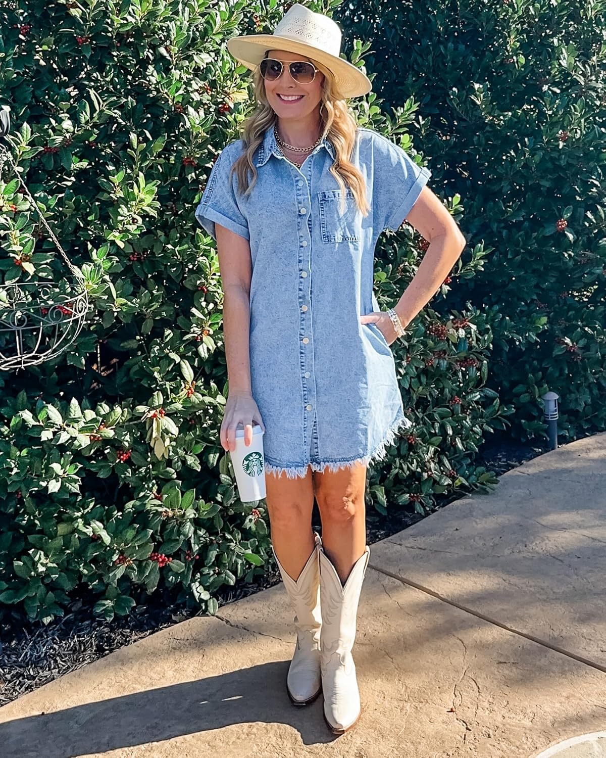 luvamia Denim Dress for Women Button Down Short Sleeves Casual Summer Jean Shirt Dresses with Pockets Frayed HemBay Blue