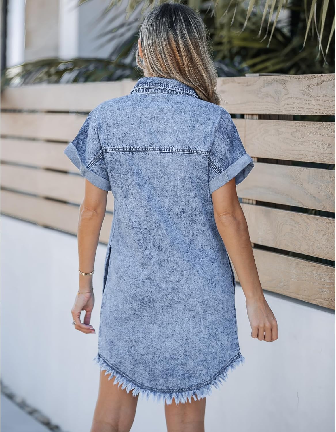 luvamia Denim Dress for Women Button Down Short Sleeves Casual Summer Jean Shirt Dresses with Pockets Frayed HemBay Blue