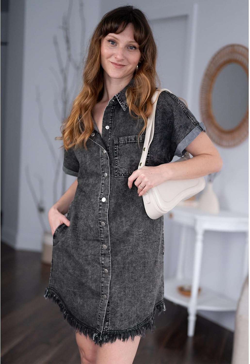 luvamia Denim Dress for Women Button Down Short Sleeves Casual Summer Jean Shirt Dresses with Pockets Frayed HemBlack