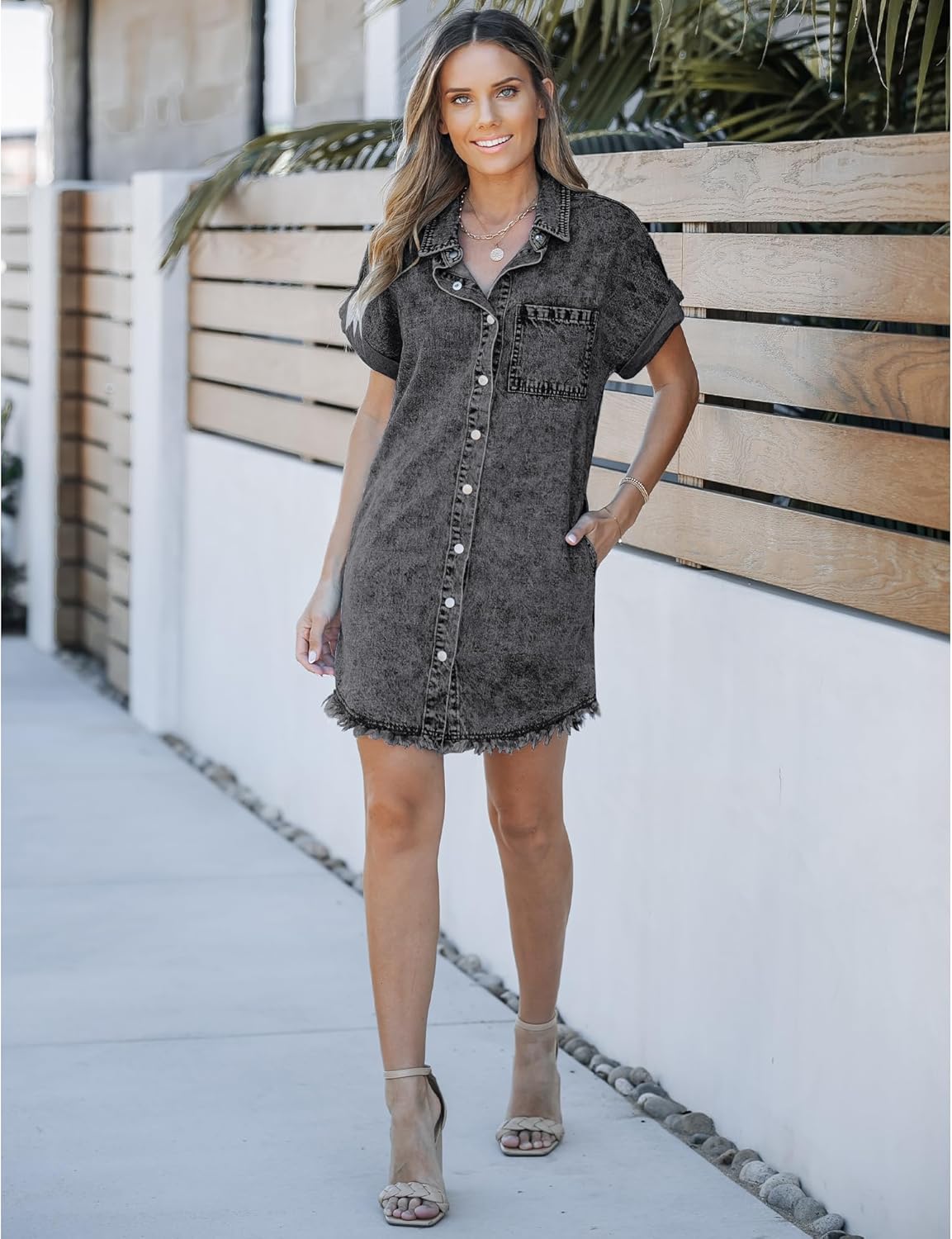 luvamia Denim Dress for Women Button Down Short Sleeves Casual Summer Jean Shirt Dresses with Pockets Frayed HemBlack