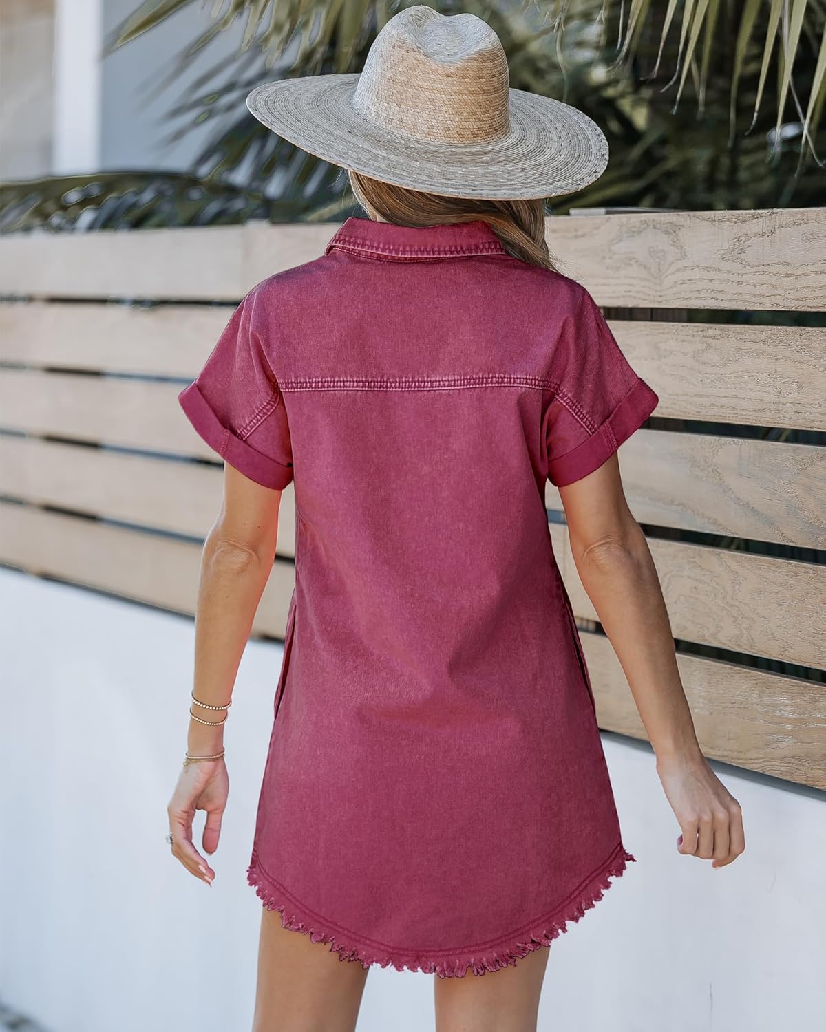 luvamia Denim Dress for Women Button Down Short Sleeves Casual Summer Jean Shirt Dresses with Pockets Frayed HemJester Red