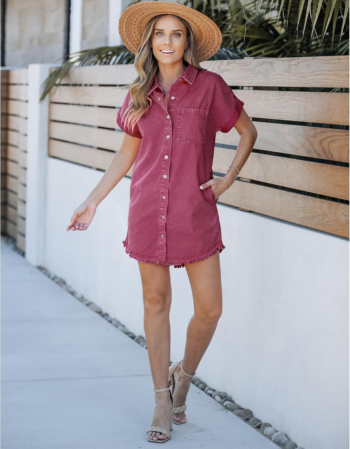 luvamia Denim Dress for Women Button Down Short Sleeves Casual Summer Jean Shirt Dresses with Pockets Frayed HemJester Red