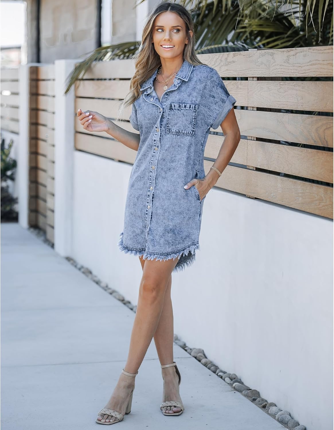 luvamia Denim Dress for Women Button Down Short Sleeves Casual Summer Jean Shirt Dresses with Pockets Frayed HemLakeside Blue