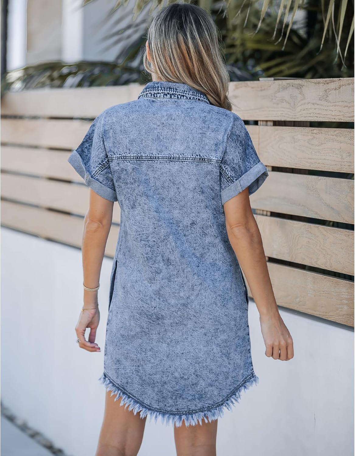 luvamia Denim Dress for Women Button Down Short Sleeves Casual Summer Jean Shirt Dresses with Pockets Frayed HemLakeside Blue