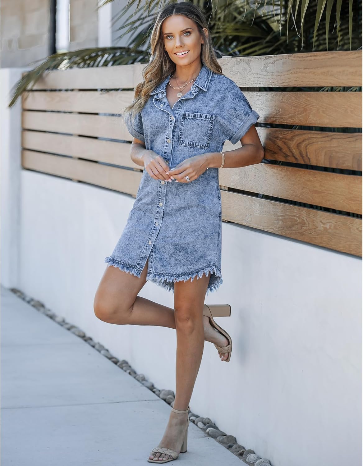 luvamia Denim Dress for Women Button Down Short Sleeves Casual Summer Jean Shirt Dresses with Pockets Frayed HemLakeside Blue