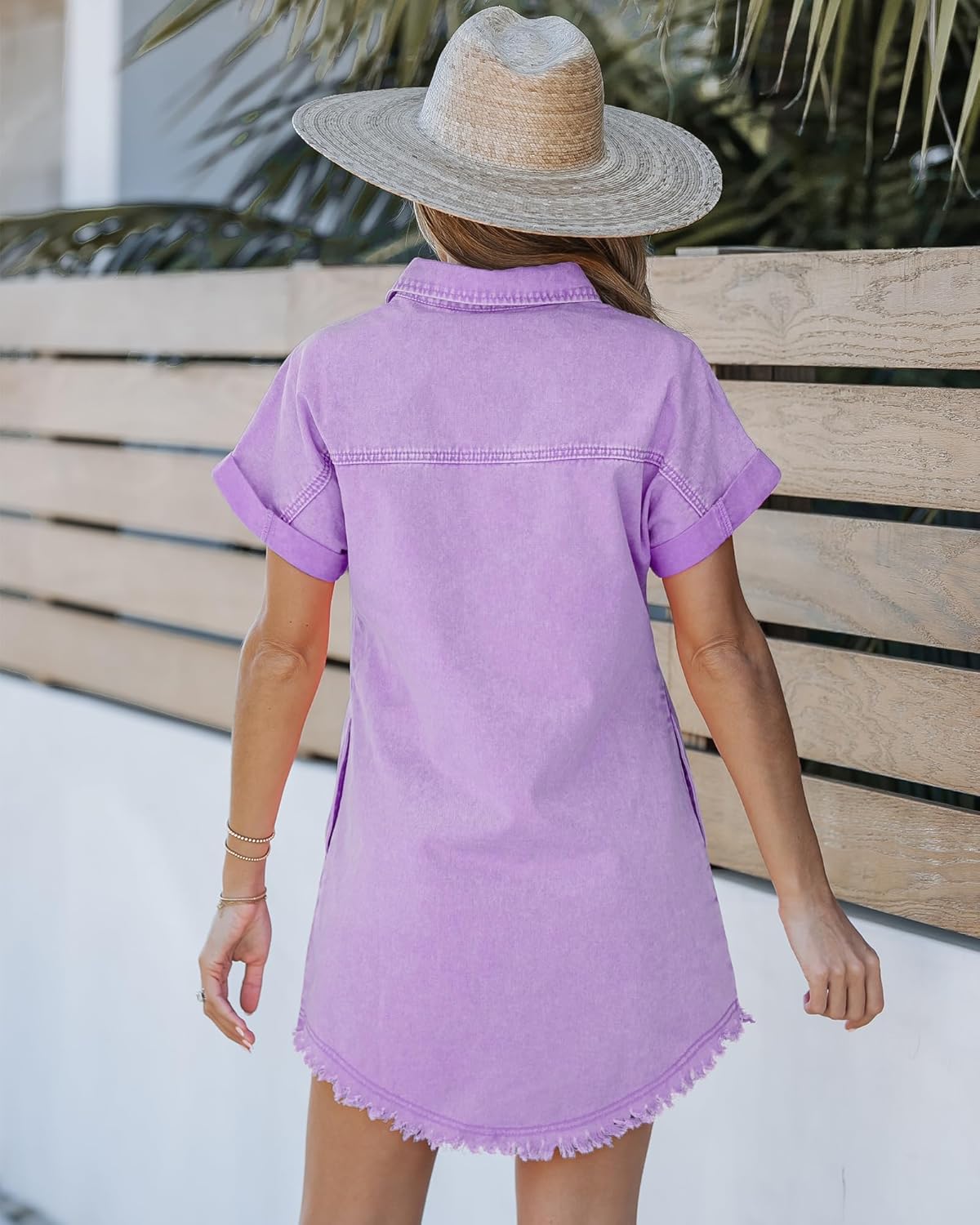 luvamia Denim Dress for Women Button Down Short Sleeves Casual Summer Jean Shirt Dresses with Pockets Frayed HemOrchid