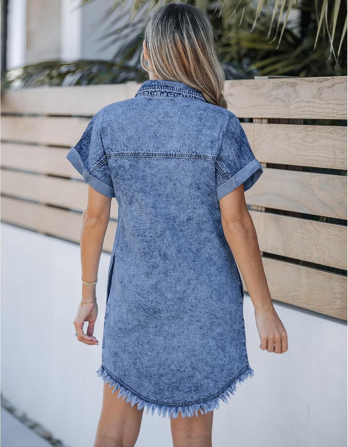 luvamia Denim Dress for Women Button Down Short Sleeves Casual Summer Jean Shirt Dresses with Pockets Frayed HemReef Blue