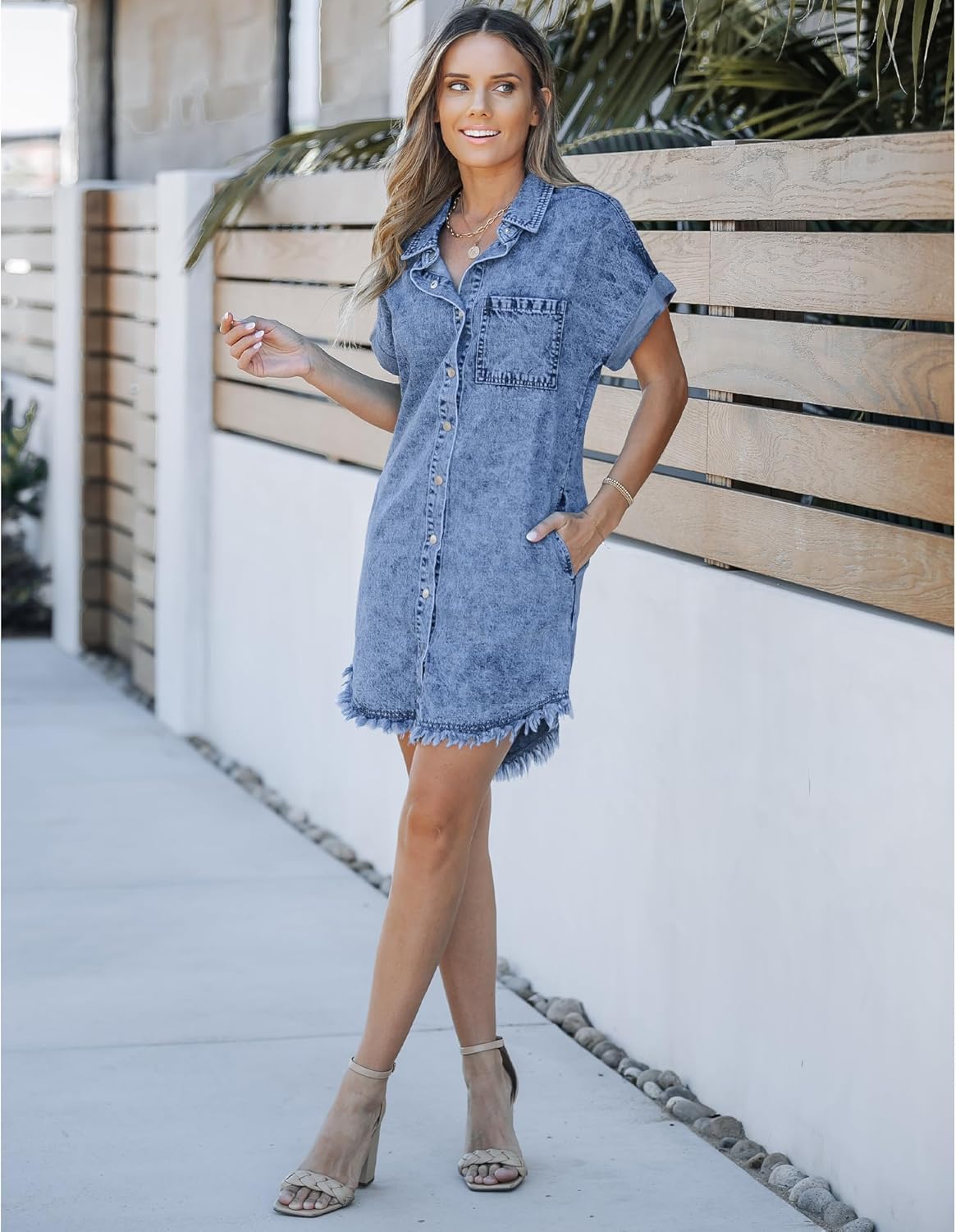 luvamia Denim Dress for Women Button Down Short Sleeves Casual Summer Jean Shirt Dresses with Pockets Frayed HemReef Blue