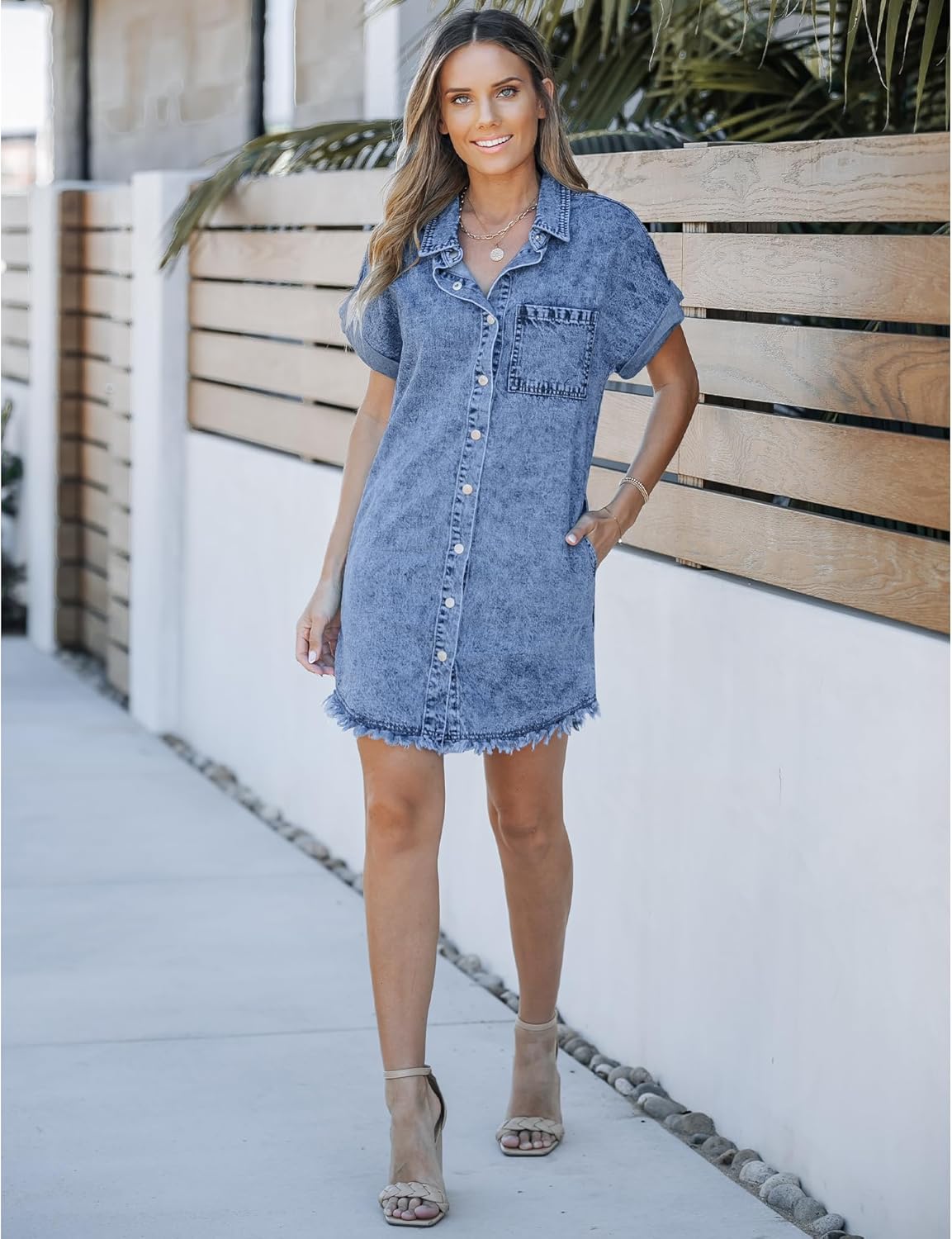 luvamia Denim Dress for Women Button Down Short Sleeves Casual Summer Jean Shirt Dresses with Pockets Frayed HemReef Blue