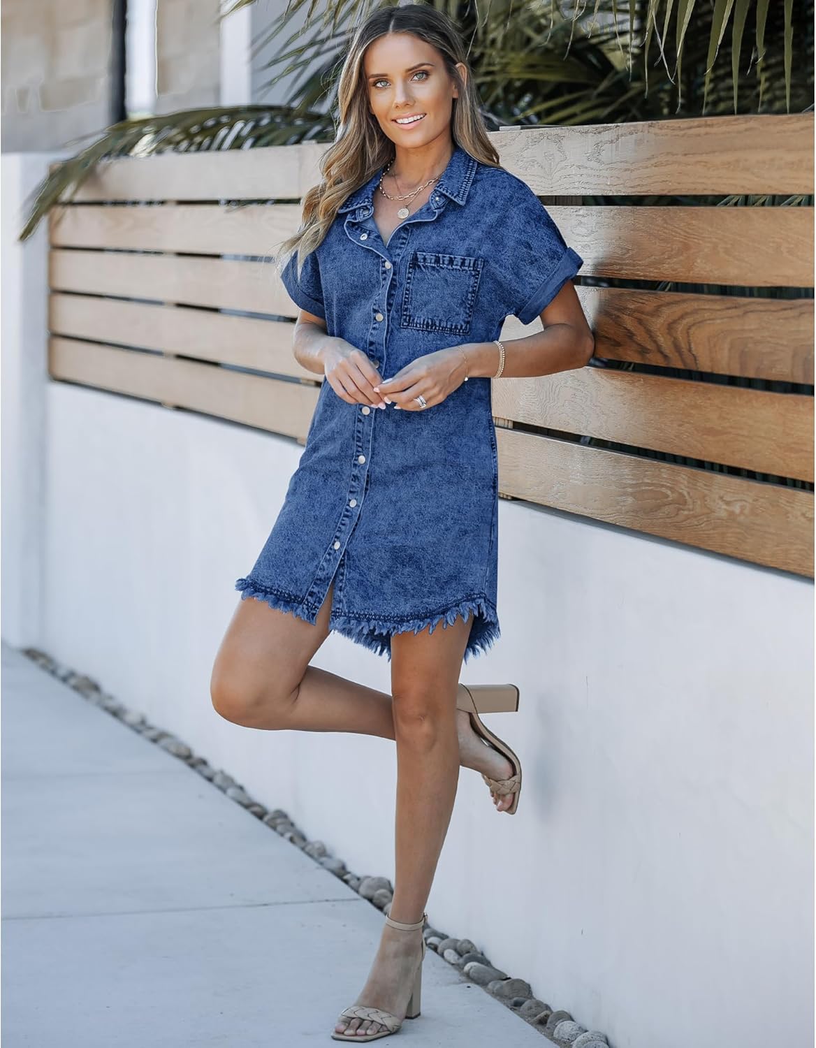 luvamia Denim Dress for Women Button Down Short Sleeves Casual Summer Jean Shirt Dresses with Pockets Frayed HemWishful Blue