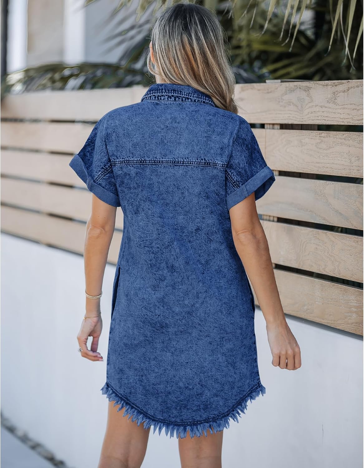 luvamia Denim Dress for Women Button Down Short Sleeves Casual Summer Jean Shirt Dresses with Pockets Frayed HemWishful Blue