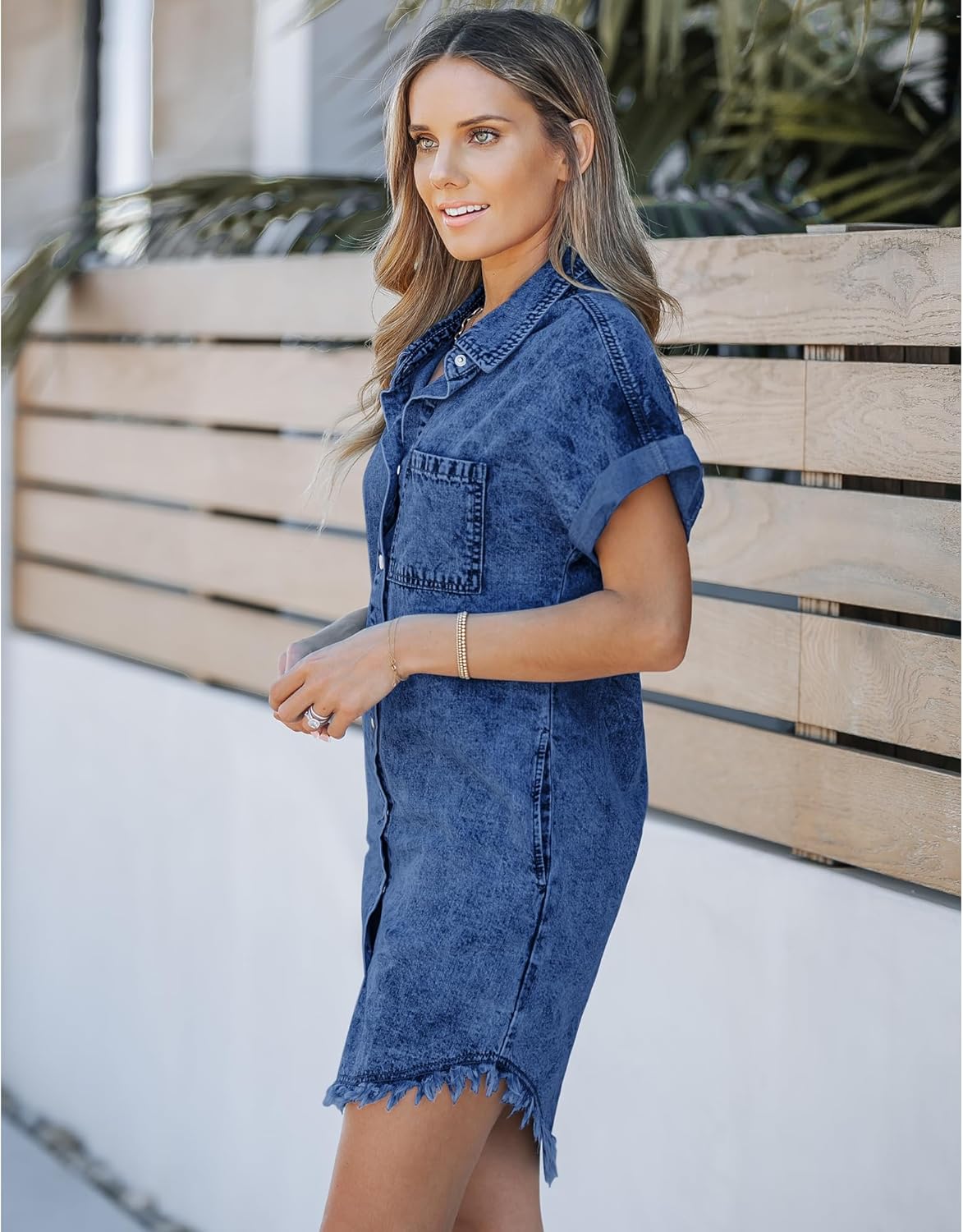 luvamia Denim Dress for Women Button Down Short Sleeves Casual Summer Jean Shirt Dresses with Pockets Frayed HemWishful Blue