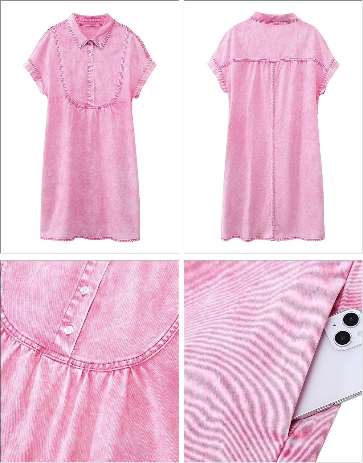 luvamia Denim Dress for Women Summer Short Sleeve Button Down Collared Pleated Western Jean Dresses with Pockets RelaxedAurora Pink