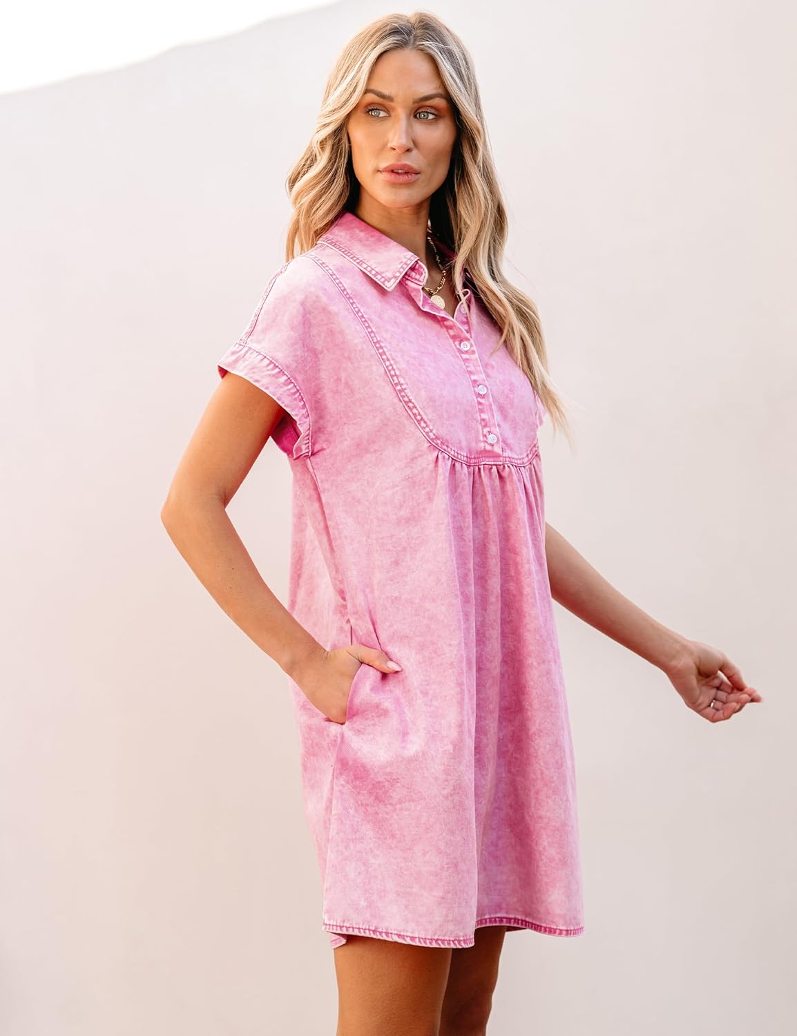 luvamia Denim Dress for Women Summer Short Sleeve Button Down Collared Pleated Western Jean Dresses with Pockets RelaxedAurora Pink