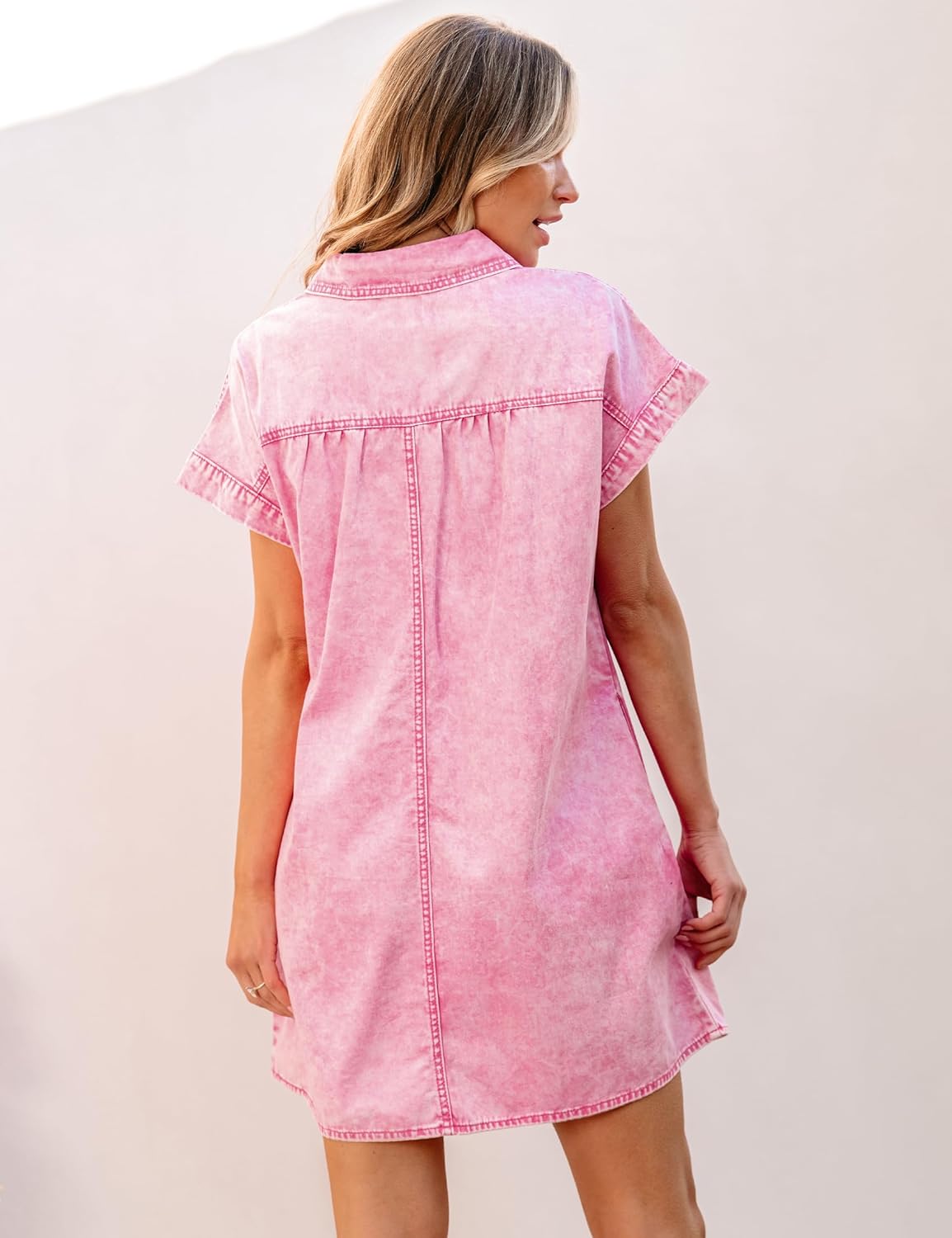 luvamia Denim Dress for Women Summer Short Sleeve Button Down Collared Pleated Western Jean Dresses with Pockets RelaxedAurora Pink