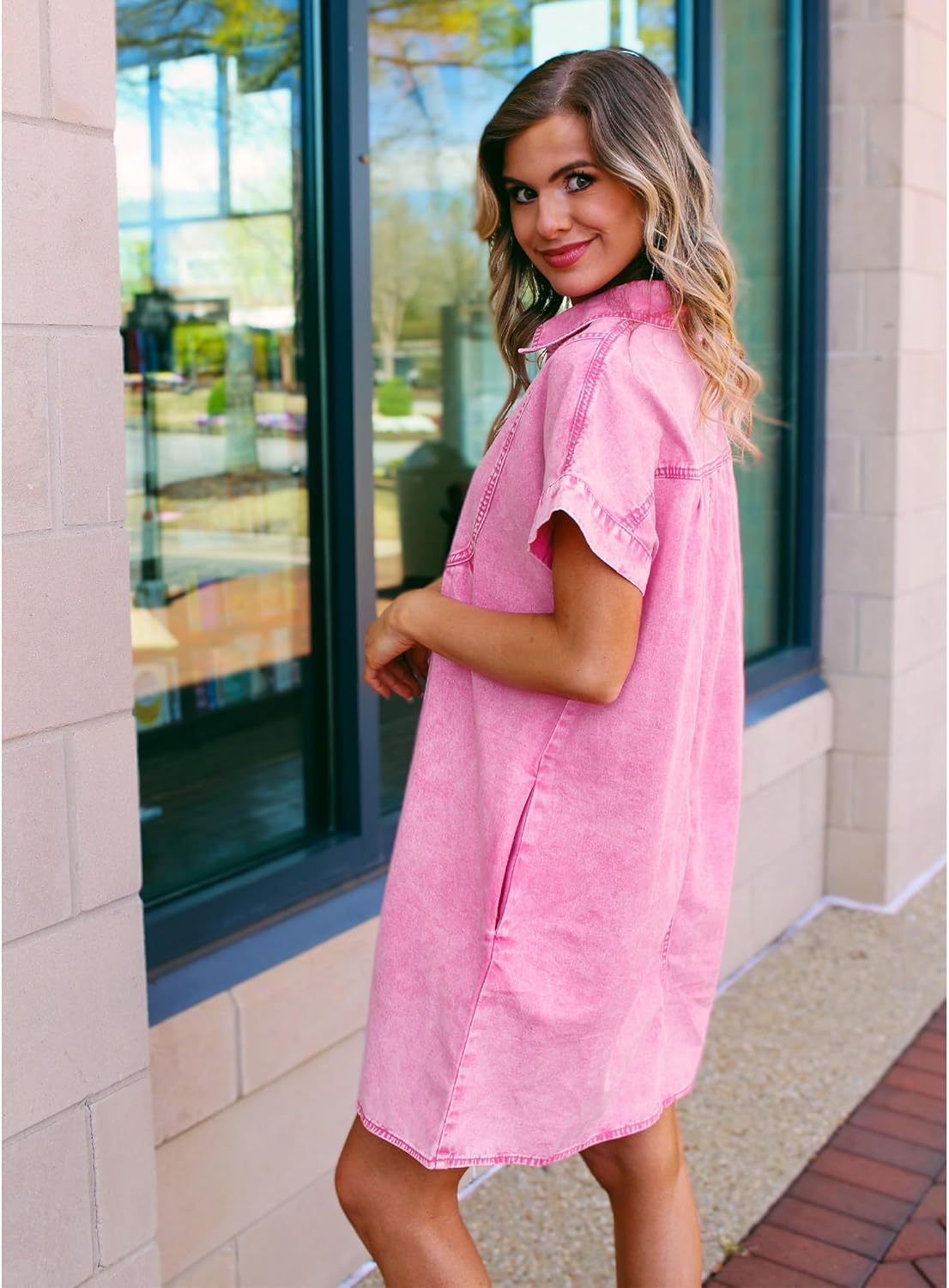 luvamia Denim Dress for Women Summer Short Sleeve Button Down Collared Pleated Western Jean Dresses with Pockets RelaxedAurora Pink