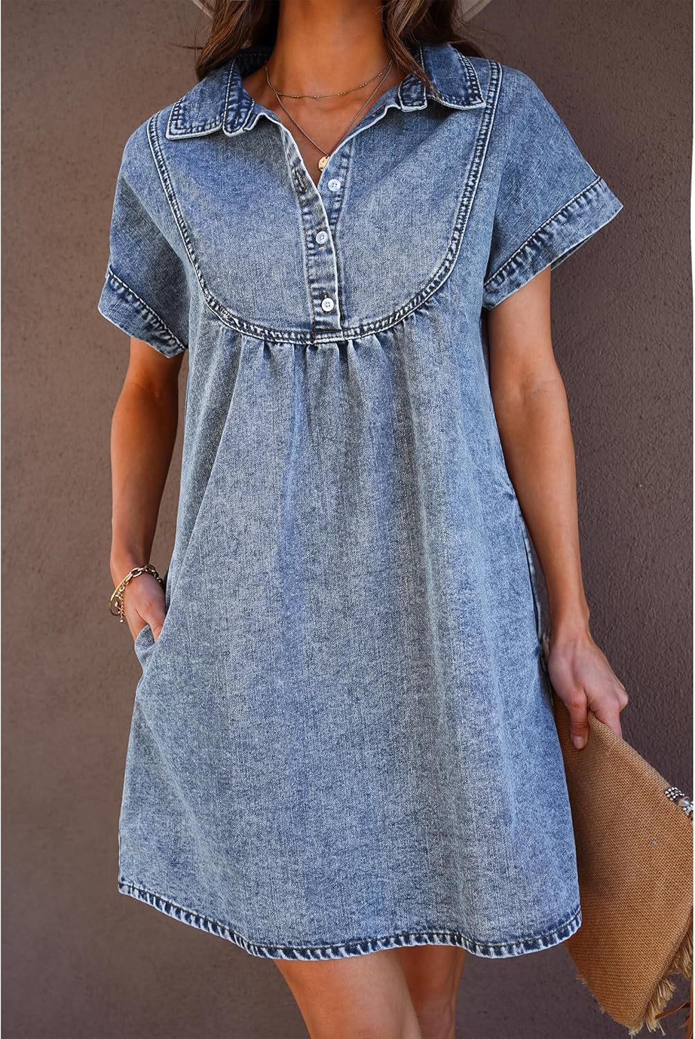 luvamia Denim Dress for Women Summer Short Sleeve Button Down Collared Pleated Western Jean Dresses with Pockets RelaxedBay Blue