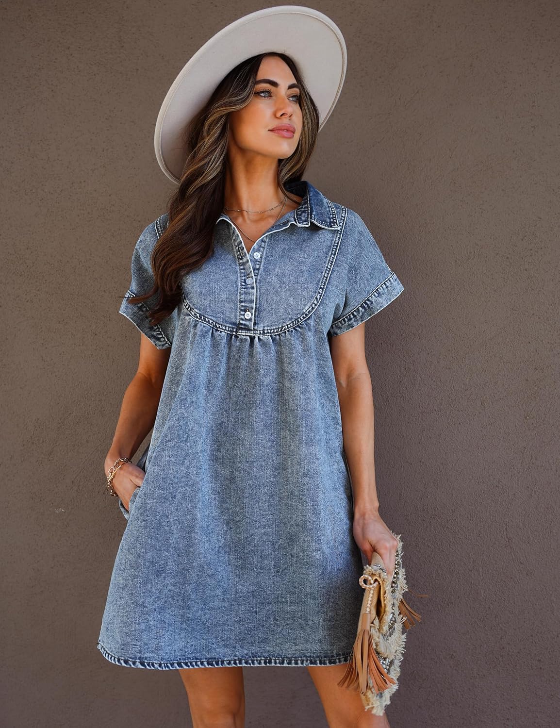 luvamia Denim Dress for Women Summer Short Sleeve Button Down Collared Pleated Western Jean Dresses with Pockets RelaxedBay Blue