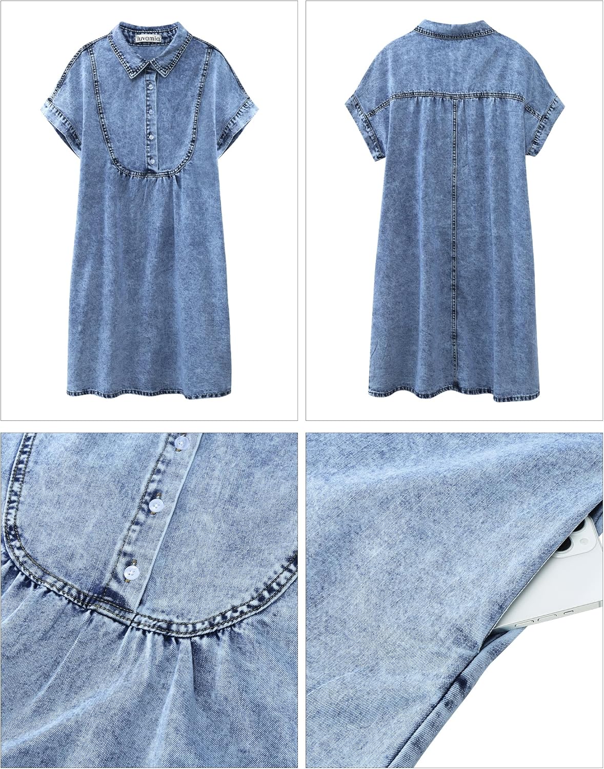 luvamia Denim Dress for Women Summer Short Sleeve Button Down Collared Pleated Western Jean Dresses with Pockets RelaxedBay Blue