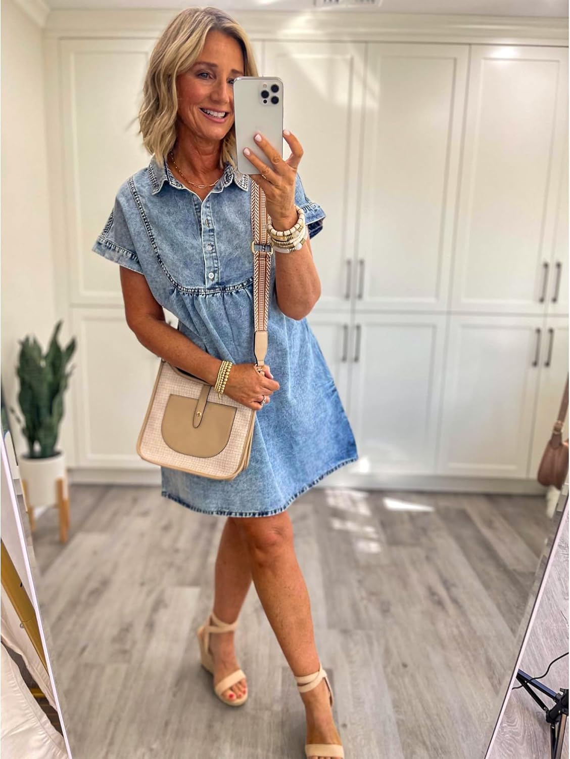 luvamia Denim Dress for Women Summer Short Sleeve Button Down Collared Pleated Western Jean Dresses with Pockets RelaxedBay Blue