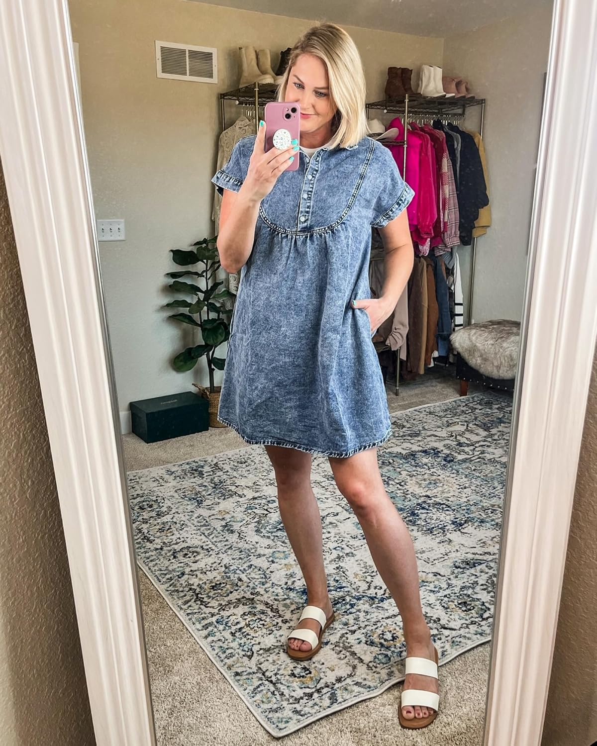 luvamia Denim Dress for Women Summer Short Sleeve Button Down Collared Pleated Western Jean Dresses with Pockets RelaxedBay Blue