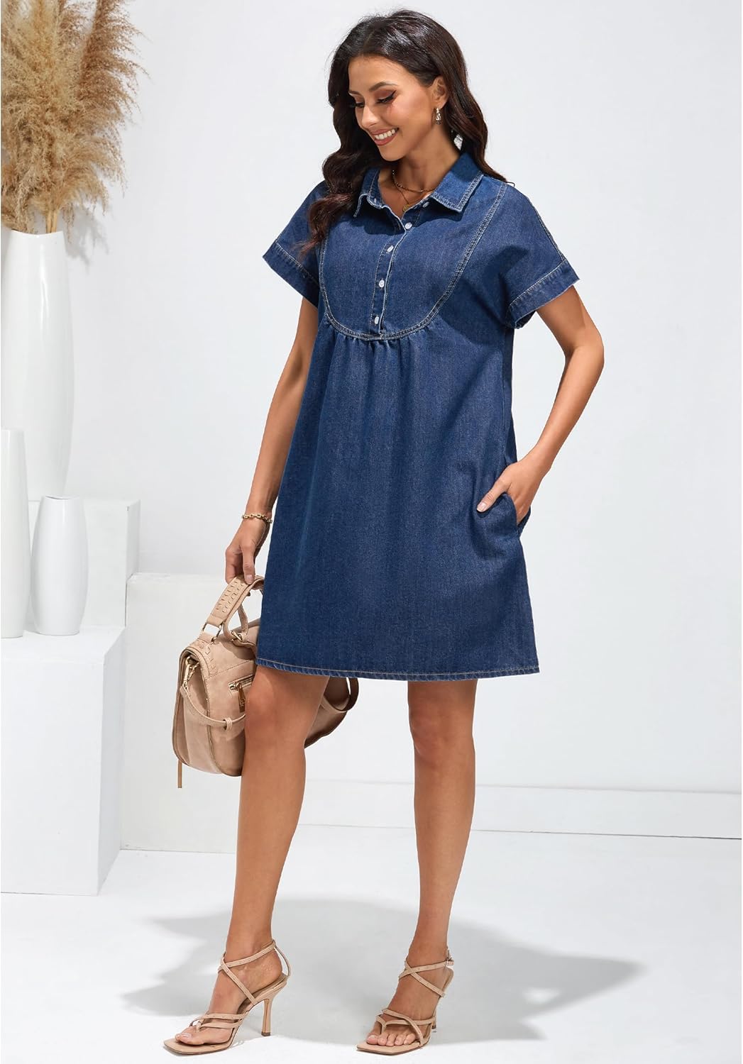 luvamia Denim Dress for Women Summer Short Sleeve Button Down Collared Pleated Western Jean Dresses with Pockets RelaxedBright Cobalt Blue