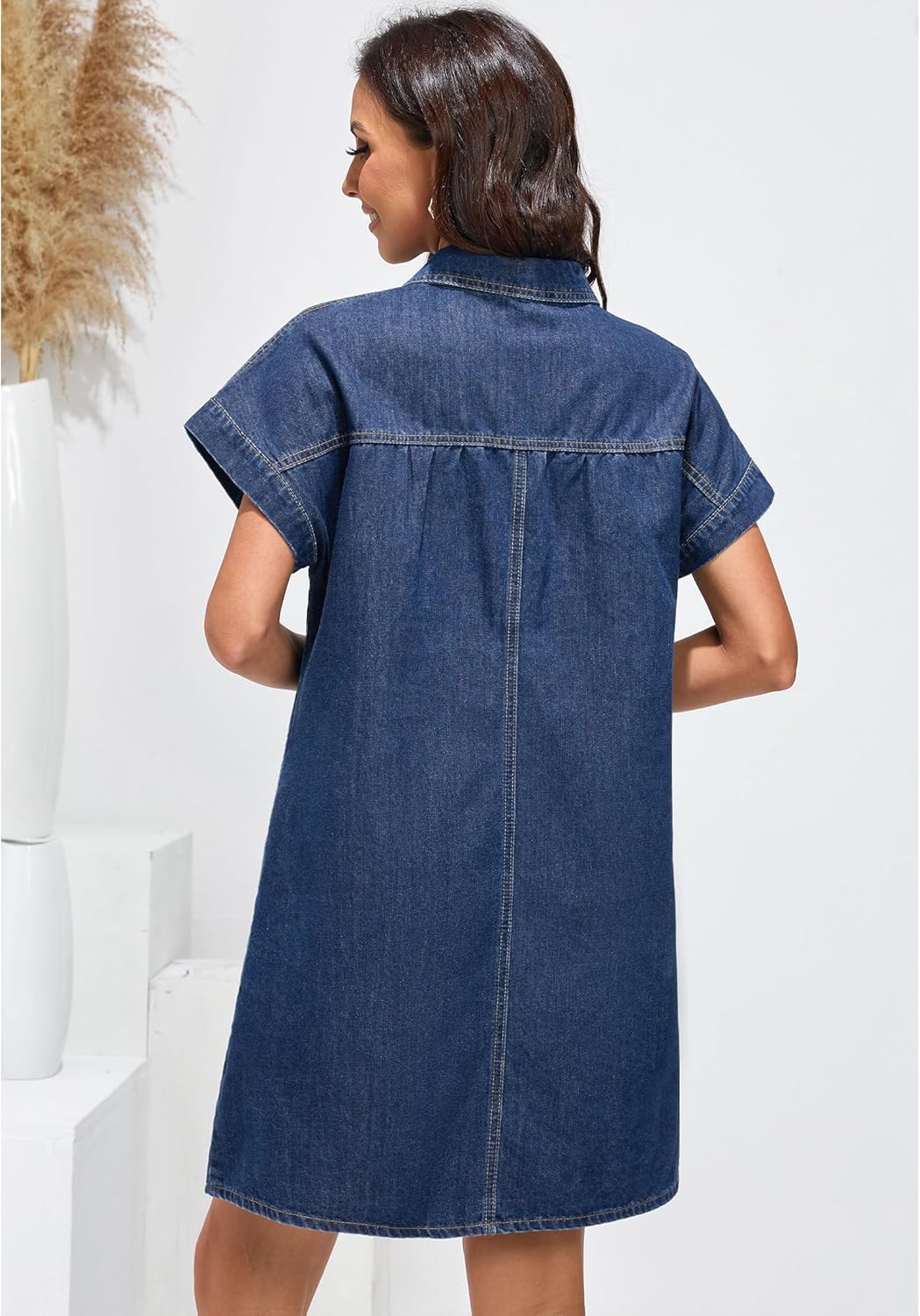 luvamia Denim Dress for Women Summer Short Sleeve Button Down Collared Pleated Western Jean Dresses with Pockets RelaxedBright Cobalt Blue