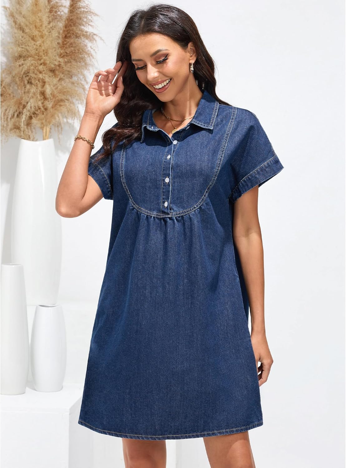 luvamia Denim Dress for Women Summer Short Sleeve Button Down Collared Pleated Western Jean Dresses with Pockets RelaxedBright Cobalt Blue