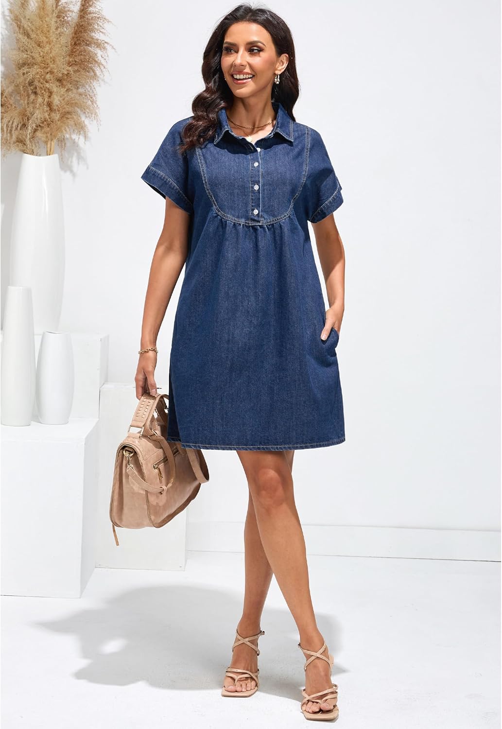 luvamia Denim Dress for Women Summer Short Sleeve Button Down Collared Pleated Western Jean Dresses with Pockets RelaxedBright Cobalt Blue