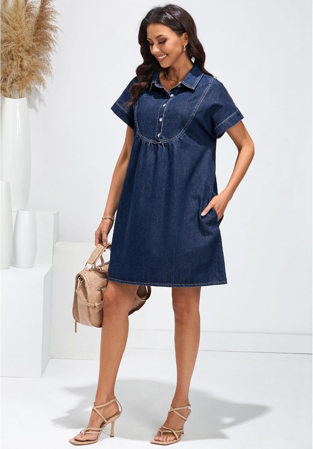 luvamia Denim Dress for Women Summer Short Sleeve Button Down Collared Pleated Western Jean Dresses with Pockets RelaxedDark Atlantic Blue