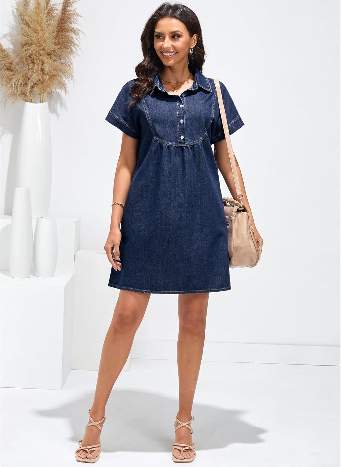 luvamia Denim Dress for Women Summer Short Sleeve Button Down Collared Pleated Western Jean Dresses with Pockets RelaxedDark Atlantic Blue